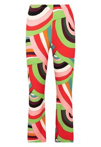 Bunte Leggings mit einem lebhaften Wirbelmuster in Rot, Grün, Pink und Schwarz. Aus dehnbarem Stoff mit einem elastischen Bund gefertigt.