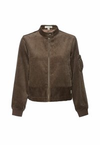 Barna kordbársony kabát lekerekített gallérral, cipzáras záródással, bordás mandzsettával és egy patentzsebes folttal az ujján. Texturált, függőleges vonalak az egész anyagon.