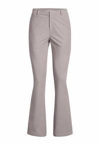 Nohavice s rozšířenými nohavicemi v světle šedé barvě, vyrobené z hladkého materiálu. Obsahují přední zip a přizpůsobený pas pro elegantní střih.