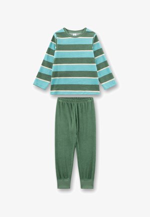 Striped pajama set featuring a teal and green long-sleeve top with white stripes and soft green pants with an elastic waistband.