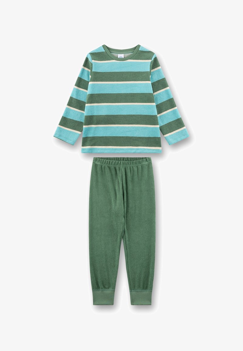 Striped pajama set featuring a teal and green long-sleeve top with white stripes and soft green pants with an elastic waistband.