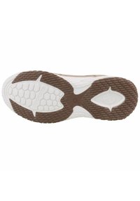 Dockers Schuhsohle mit einer strukturierten braunen Gummiaußensohle, weißem Zwischensohleneinsatz und einem sechseckigen Muster, das für Traktion sorgt. Enthält Markendetails.