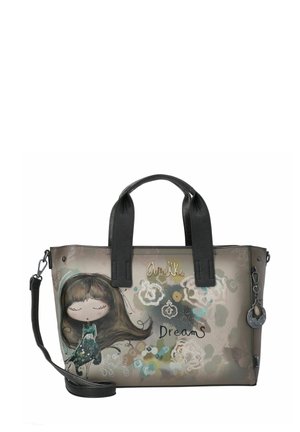 Schwarzlederne Tasche mit buntem Aufdruck eines Mädchens und floralem Design. Verfügt über einen abnehmbaren Riemen und einen charmanten Schlüsselanhänger.