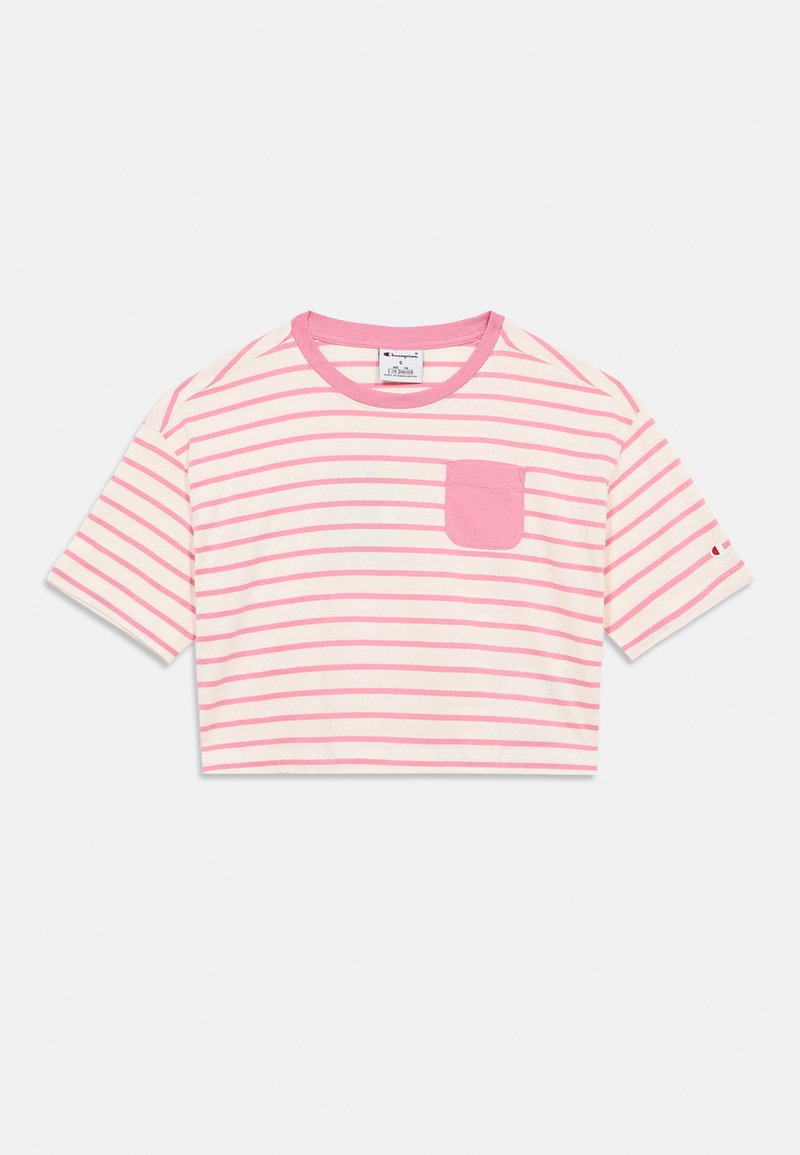 Κοντομάνικο crop top σε ανοιχτό ροζ και κρεμ ρίγες, με ροζ τσέπη στο στήθος, κοντά μανίκια και στρογγυλή λαιμόκοψη. Υλικό από βαμβάκι.