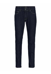 Slim-Fit-Dunkelblaue Denim-Jeans mit kontrastierenden Nähten, Fünf-Taschen-Design und mittelhohem Bund. Weiche Textur mit leichtem Stretch.