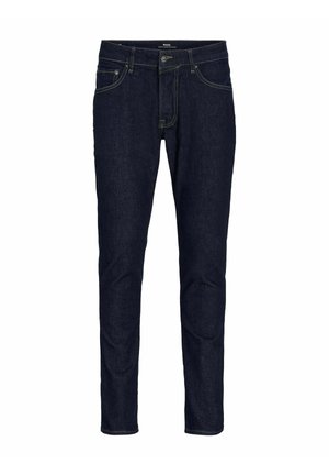 Slim-Fit-Dunkelblaue Denim-Jeans mit kontrastierenden Nähten, Fünf-Taschen-Design und mittelhohem Bund. Weiche Textur mit leichtem Stretch.