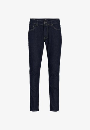 Slim-Fit-Dunkelblaue Denim-Jeans mit kontrastierenden Nähten, Fünf-Taschen-Design und mittelhohem Bund. Weiche Textur mit leichtem Stretch.