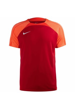 Rød og orange sports t-shirt med korte ærmer, rund halsudskæring og hvid Nike swoosh-logo på brystet.