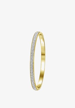 Bracelet jonc fin en or avec une rangée de petits diamants ronds et clairs sertis le long de son bord extérieur.