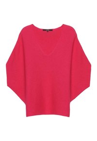 Světlý růžový přehnaně velký svetr s hlubokým výstřihem do V, vyrobený z strukturovaného pleteného materiálu, se širokými rukávy a uvolněným střihem.