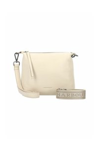Borsa a tracolla in pelle color crema con tracolla removibile e ulteriore tracolla in tessuto beige, impresso con la scritta "HARBOUR".