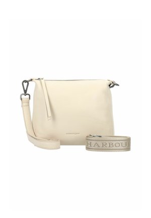 Borsa a tracolla in pelle color crema con tracolla removibile e ulteriore tracolla in tessuto beige, impresso con la scritta "HARBOUR".