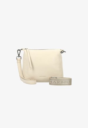 Borsa a tracolla in pelle color crema con tracolla removibile e ulteriore tracolla in tessuto beige, impresso con la scritta "HARBOUR".