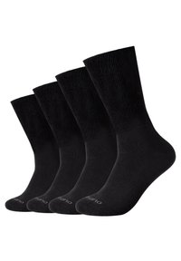 Schwarze Baumwollsocken, gerippte Bündchen, knöchellang, vier Paar, nahtloses Design, weiche Textur, dezentes Markenlogo im Zehenbereich.