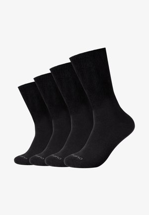 Mustad puuvillased sokid, soonilised varrukad, pahkluupikkus, neli paari, ilma õmblusteta disain, pehme tekstuur, diskreetne brändi logo varbaosas.
