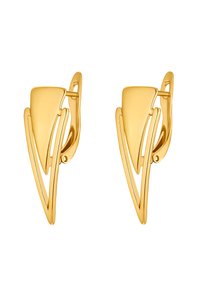 Orecchini in oro con un design angolare, caratterizzati da una base triangolare e accentuazioni curve, che mettono in risalto una finitura lucida e liscia.