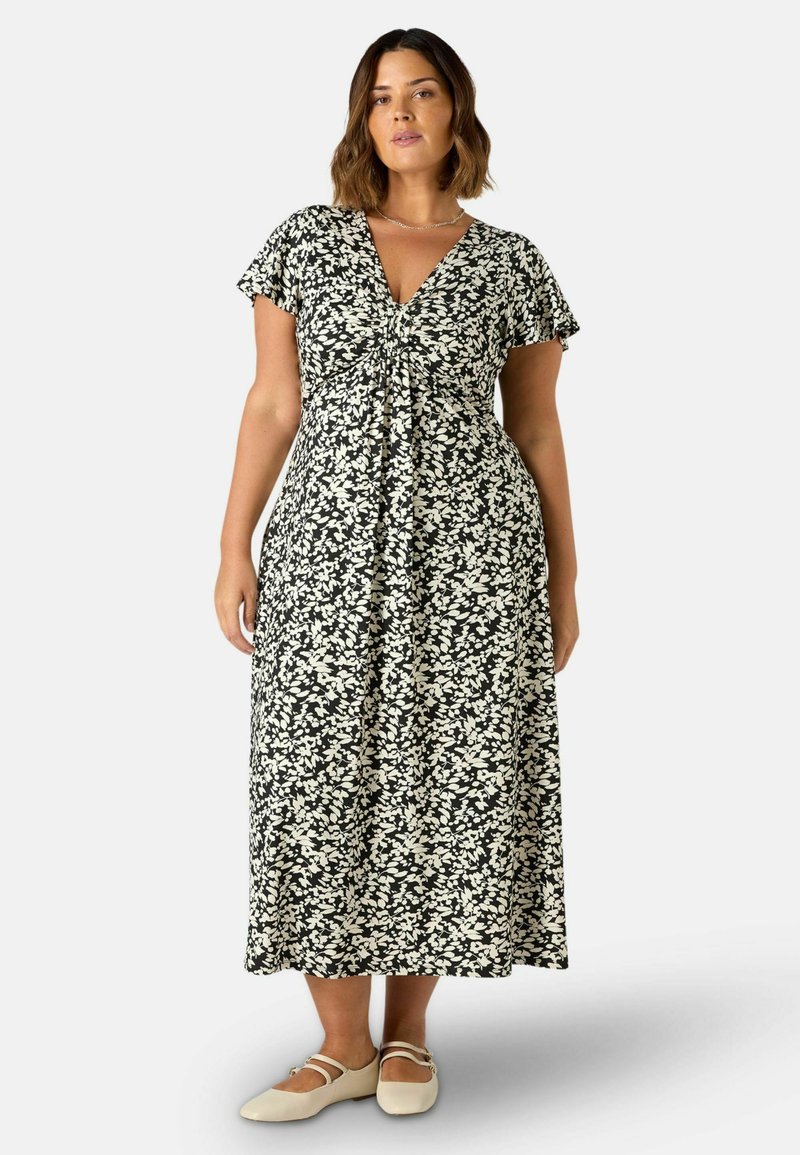 Maxi sukienka w kolorze czarnym z białym kwiatowym wzorem, z dekoltem w kształcie litery V, krótkimi falbankowymi rękawami i marszczeniem z przodu.