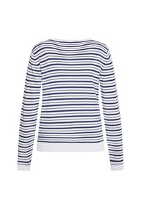 Gestreifter, langärmeliger Pullover mit marineblauen und weißen horizontalen Streifen, Rundhalsausschnitt sowie gerippten Bündchen und Saum. Aus weichem Baumwoll-Mischgewebe.