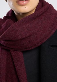 Nahaufnahme eines unteren Gesichts, das mit einem dicken, dunkelroten Schal um den Hals gewickelt ist, über einem schwarzen Mantel.
