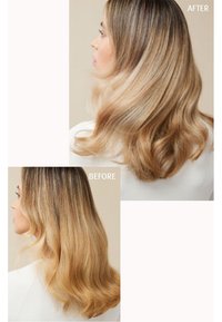 Två bilder sida vid sida som visar hårtransformering. Vänster: vågigt, matt och ojämnt blont. Höger: slätt, glänsande och voluminöst blont hår.