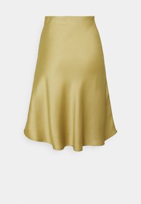 Satin A-linje nederdel i metallisk guld, med en glat tekstur, mellemlang design og en subtil glans for ekstra dimension.