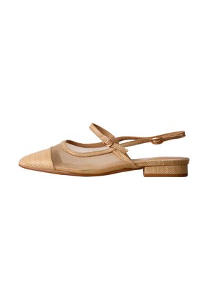 Scarpa piatta beige con punta appuntita, lati in rete trasparente e doppio cinturino sottile con fibbia intorno alla caviglia e sopra il piede.