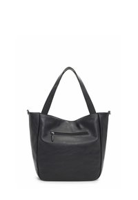 Svart läder tote-väska med en slät yta, utrustad med en framficka med dragkedja och dubbla axelremmar. Minimalistisk design med en rundad form.