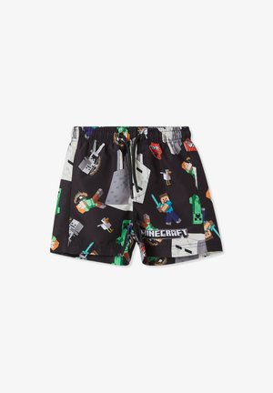 Costume da bagno neri con stampa di Minecraft, caratterizzato da personaggi ed elementi, vita elasticizzata e coulisse. Realizzato in tessuto leggero.