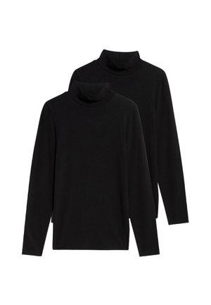 Zwarte lange mouwen turtlenecks in een zachte gebreide stof. Kenmerkt zich door een getailleerde silhouet en een minimalistisch ontwerp met een hoge kraag. Twee items weergegeven.