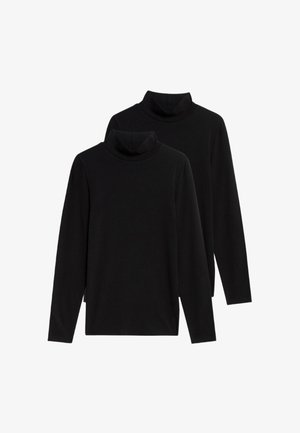 Pulls en maille douce à manches longues noirs avec col montant. Présente une silhouette ajustée et un design minimaliste avec un col montant. Deux articles exposés.