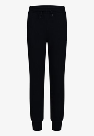 Sorte sweatpants med smal pasform, elastisk talje, justerbar snøre og ribkanter ved anklerne, vist på hvid baggrund.