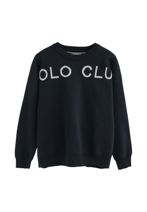 Marineblaues Sweatshirt mit erhabener weißer Schrift "OLO CLU" über der Brust, Rundhalsausschnitt, langen Ärmeln und einer lockeren Passform.