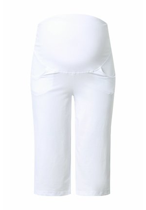 Pantalones capri de maternidad blancos con cintura alta elástica y bolsillos delanteros, diseñados para la comodidad durante el embarazo.