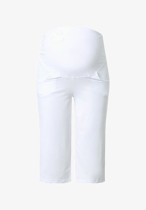 Białe spodnie 3/4 ciążowe z elastycznym wysokim pasem i przednimi kieszeniami, zaprojektowane z myślą o komforcie podczas ciąży.