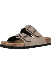 Wildledersandale in Taupe mit zwei verstellbaren Metall-Schnallen. Korkfußbett und schwarze Gummisohle für Grip und Komfort.