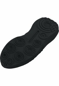 Semelle de chaussure en caoutchouc noir présentant des motifs de grip circulaires et des sections texturées, avec un logo central indiquant "Under Armour" en noir.