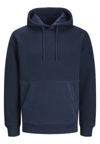 Navyblauer Hoodie mit einem strukturierten Gittermuster im oberen Bereich, einer geräumigen vorderen Kängurutasche, verstellbaren Kordeln und gerippten Bündchen.