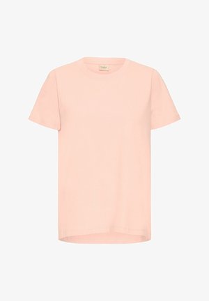 Lyserød bomulds T-shirt med korte ærmer, rund halsudskæring og lige kant. Minimalistisk design, blød tekstur, og ingen synlige mønstre eller accenter.
