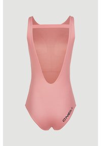 Rosa Einteiler-Badeanzug mit tiefem Rückenausschnitt, aus glattem Stoff gefertigt. Verfügt über minimale Nähte und ein kleines Logo auf der Vorderseite.
