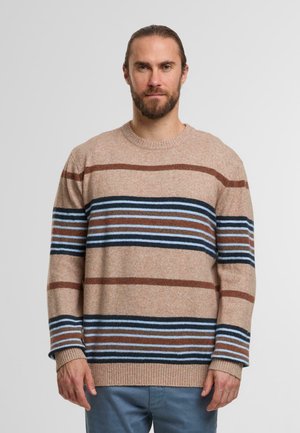 Maglione knit beige con righe orizzontali marroni, blu scuro e blu chiaro. Presenta un collo rotondo e polsini a coste.