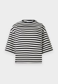 Μαύρο και λευκό ριγωτό κοντομάνικο cropped t-shirt με στρογγυλή λαιμόκοψη και άνετη εφαρμογή, κατασκευασμένο από απαλό βαμβακερό ύφασμα.