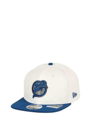 White baseball cap with a blue flat visor, featuring a blue embroidered dolphin logo on the front and New Era branding on the side.
