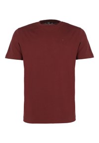 Czerwona bawełniana koszulka z okrągłym dekoltem i krótkimi rękawami. Na lewej piersi znajduje się małe logo. Gładka faktura, casualowy design.
