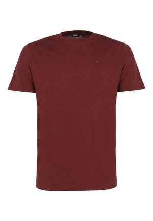 Maglietta rossa in cotone con scollo rotondo e maniche corte. Presenta un piccolo logo sul lato sinistro del petto. Tessuto liscio, design casual.