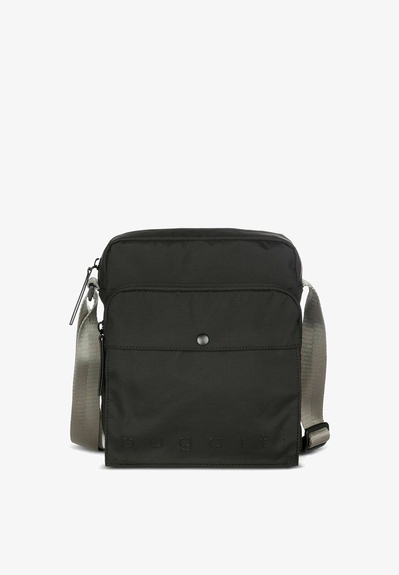 Black rectangular crossbody bag with front button pocket, gray adjustable strap, and subtle "bugatti" logo at the bottom.