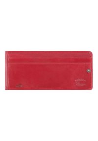 Red leather wallet with multiple card slots, smooth texture, and a press-stud closure. Features embossed branding and sleek design.