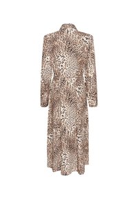 Abito midi con stampa leopardata, maniche lunghe, vita accentuata da una cintura, colletto e orlo fluttuante. Realizzato in tessuto morbido con una trama testurizzata.