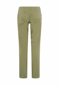 Pantalon décontracté vert olive avec deux poches arrière, jambes droites et taille partiellement élastique, vue de dos.