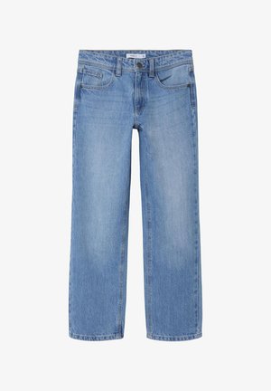 Jeans larghi azzurri in denim, con cinque tasche, chiusura con bottone e dettagli sbiaditi sulla parte anteriore e posteriore.