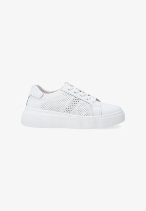 White leather sneaker with perforated detailing and a textured white rubber sole. Features lace-up closure and smooth tongue for comfort.